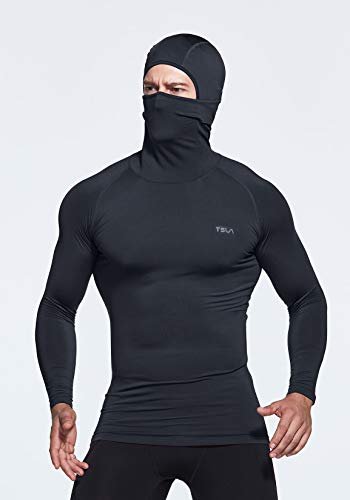 Men's Thermal Compression Shirts Hoodie with Mask, Long Sleeve Winter Sports Base Layer Top, Active Running Shirt