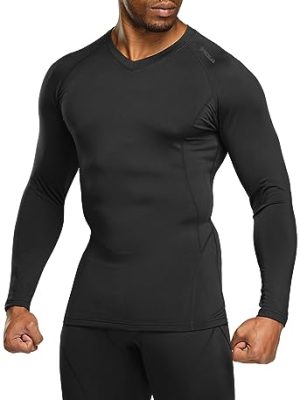 Men's Thermal V-Neck Long Sleeve Compression Shirts, Athletic Base Layer Top, Winter Gear Running T-Shirt