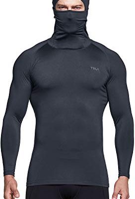 Men's Thermal Compression Shirts Hoodie with Mask, Long Sleeve Winter Sports Base Layer Top, Active Running Shirt