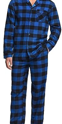 Men's 100% Cotton Plaid Flannel Pajama Set, Brushed Soft Lounge & Sleep PJ Top & Bottom with Pockets