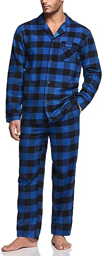 41CMVflt7L.jpg Men's 100% Cotton Plaid Flannel Pajama Set, Brushed Soft Lounge & Sleep PJ Top & Bottom with Pockets