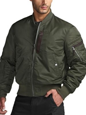 Men's Casual Bomber Jacket, Outdoor Fall/Winter Zip-Up Windbreaker, Water Resistant Padded MA-1 Flight Jacket with Pocket