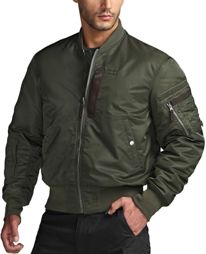 Men's Casual Bomber Jacket, Outdoor Fall/Winter Zip-Up Windbreaker, Water Resistant Padded MA-1 Flight Jacket with Pocket