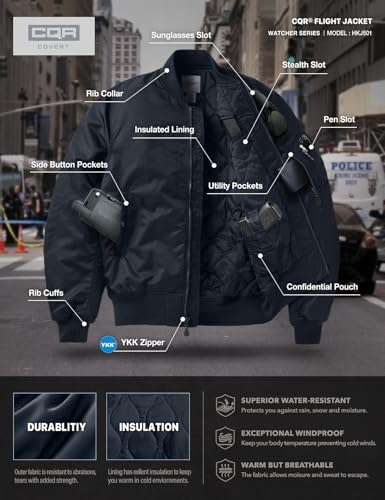 Men's Casual Bomber Jacket, Outdoor Fall/Winter Zip-Up Windbreaker, Water Resistant Padded MA-1 Flight Jacket with Pocket