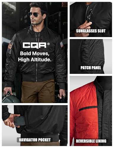 Men's Casual Bomber Jacket, Outdoor Fall/Winter Zip-Up Windbreaker, Water Resistant Padded MA-1 Flight Jacket with Pocket
