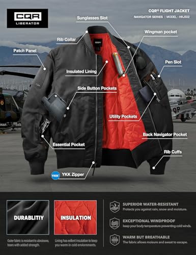 Men's Casual Bomber Jacket, Outdoor Fall/Winter Zip-Up Windbreaker, Water Resistant Padded MA-1 Flight Jacket with Pocket