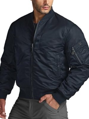 Men's Casual Bomber Jacket, Outdoor Fall/Winter Zip-Up Windbreaker, Water Resistant Padded MA-1 Flight Jacket with Pocket