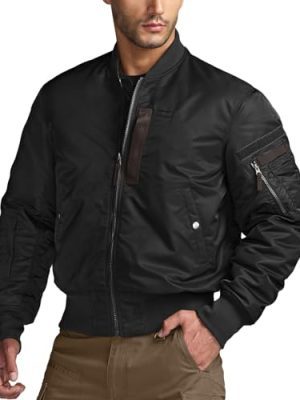 Men's Casual Bomber Jacket, Outdoor Fall/Winter Zip-Up Windbreaker, Water Resistant Padded MA-1 Flight Jacket with Pocket