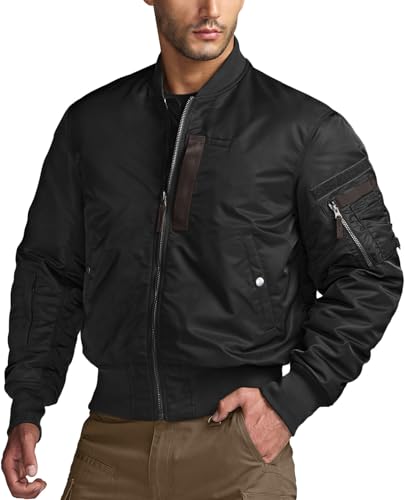 Men's Casual Bomber Jacket, Outdoor Fall/Winter Zip-Up Windbreaker, Water Resistant Padded MA-1 Flight Jacket with Pocket