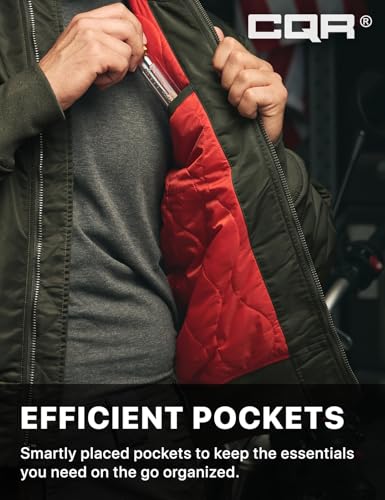 Men's Casual Bomber Jacket, Outdoor Fall/Winter Zip-Up Windbreaker, Water Resistant Padded MA-1 Flight Jacket with Pocket