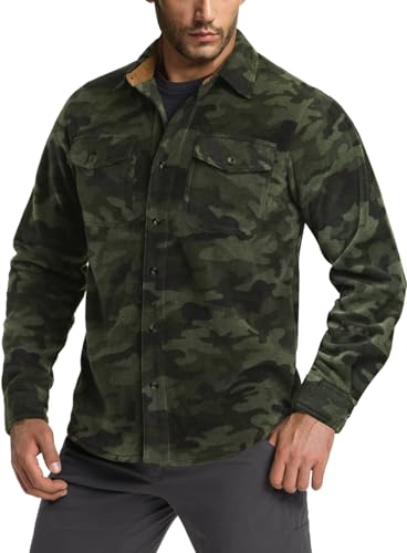 Men's Long Sleeve Heavyweight Fleece Shirts, Plaid Button Up Shirt, Warm Outdoor Casual Shirt with Pockets