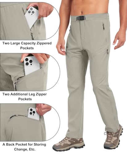 Men's Lightweight Fishing Pants with Belt 5 Zip Pockets Waterproof Quick-Dry Travel Hiking Outdoor Pants