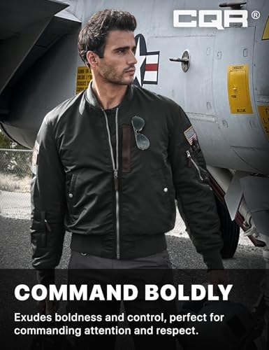 Men's Casual Bomber Jacket, Outdoor Fall/Winter Zip-Up Windbreaker, Water Resistant Padded MA-1 Flight Jacket with Pocket