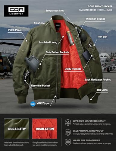 Men's Casual Bomber Jacket, Outdoor Fall/Winter Zip-Up Windbreaker, Water Resistant Padded MA-1 Flight Jacket with Pocket