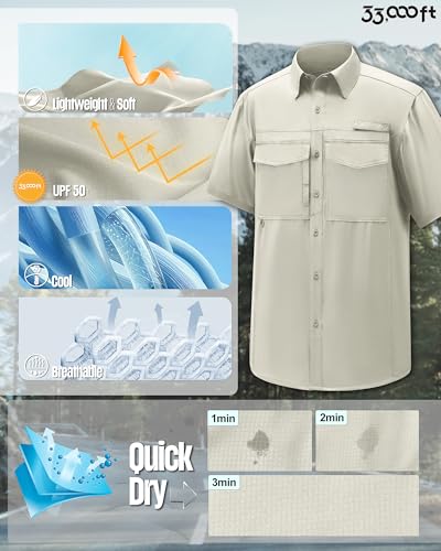 Men's Fishing Shirts Lightweight Cool Quick Dry Sun Protection UV Short Sleeve Shirt for Casual Hiking Safari Travel