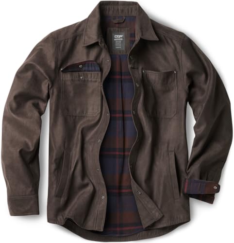 41tfeYWEAeL.jpg Men's Flannel Lined Shirt Jackets, Long Sleeved Rugged Plaid Cotton Brushed Suede Shirt Jacket