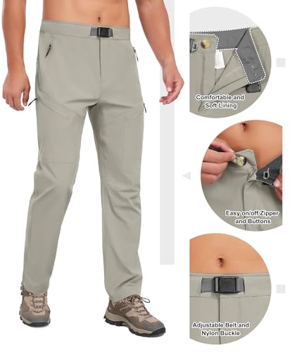 Men's Lightweight Fishing Pants with Belt 5 Zip Pockets Waterproof Quick-Dry Travel Hiking Outdoor Pants