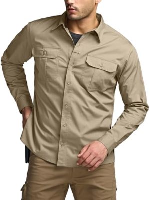 Men's Long Sleeve Tactical Shirts, Ripstop Military Work Shirts, UPF 50+ Breathable Button Down Outdoor Hiking Shirt