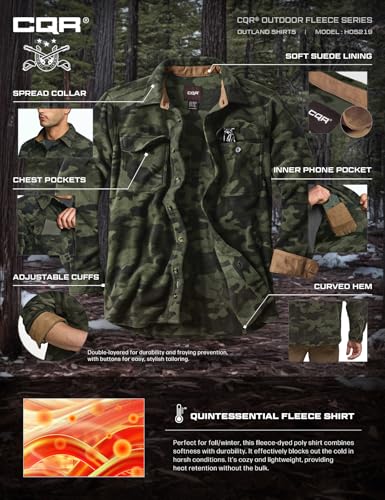 Men's Long Sleeve Heavyweight Fleece Shirts, Plaid Button Up Shirt, Warm Outdoor Casual Shirt with Pockets