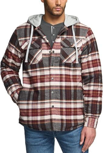Men's Quilted Lined Flannel Hooded Shirt Jacket, Soft Warm Long Sleeve Outdoor Cotton Plaid Shirt Jackets