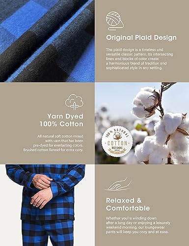 51CuV1nlr6L.jpg Men's 100% Cotton Plaid Flannel Pajama Set, Brushed Soft Lounge & Sleep PJ Top & Bottom with Pockets