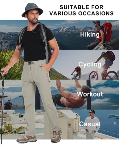 Men's Lightweight Fishing Pants with Belt 5 Zip Pockets Waterproof Quick-Dry Travel Hiking Outdoor Pants