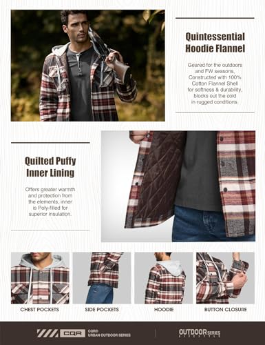 Men's Quilted Lined Flannel Hooded Shirt Jacket, Soft Warm Long Sleeve Outdoor Cotton Plaid Shirt Jackets