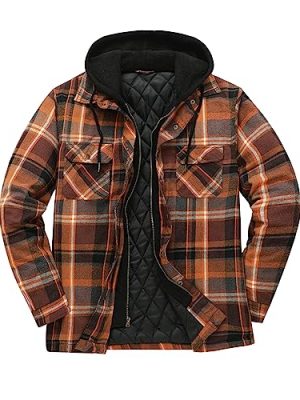 Men's Thicken Plaid Hooded Flannel Shirt Jacket with Quilted Lined,Zipper&Snap