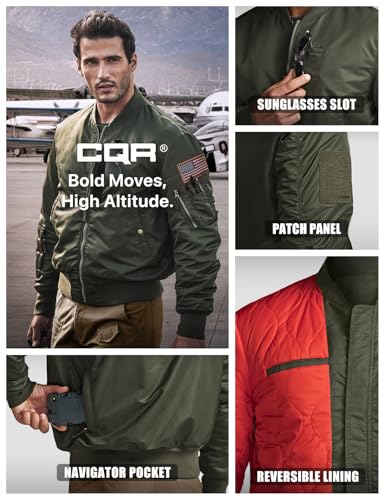 Men's Casual Bomber Jacket, Outdoor Fall/Winter Zip-Up Windbreaker, Water Resistant Padded MA-1 Flight Jacket with Pocket