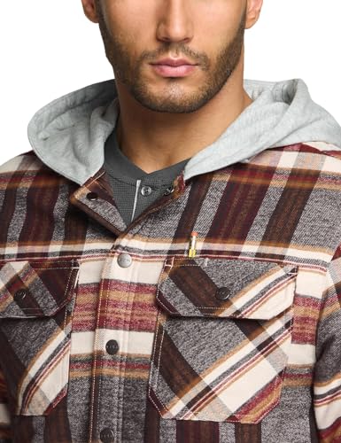 Men's Quilted Lined Flannel Hooded Shirt Jacket, Soft Warm Long Sleeve Outdoor Cotton Plaid Shirt Jackets