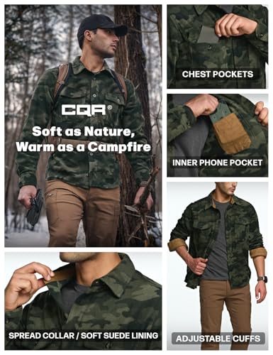 Men's Long Sleeve Heavyweight Fleece Shirts, Plaid Button Up Shirt, Warm Outdoor Casual Shirt with Pockets