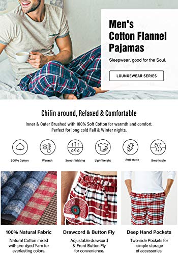 Men's 100% Cotton Plaid Flannel Pajama Pants, Brushed Soft Lounge & Sleep PJ Bottoms with Pockets