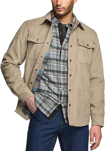 51vGofjH2HL.jpg Men's Flannel Lined Shirt Jackets, Long Sleeved Rugged Plaid Cotton Brushed Suede Shirt Jacket