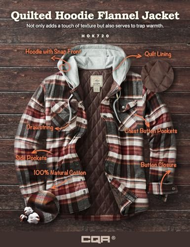 Men's Quilted Lined Flannel Hooded Shirt Jacket, Soft Warm Long Sleeve Outdoor Cotton Plaid Shirt Jackets